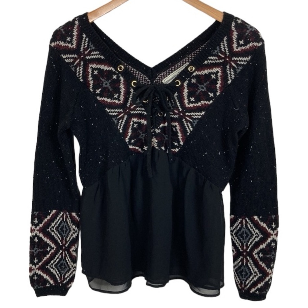 NEW Abercrombie & Fitch V Neck Black Aztec Sweater Top